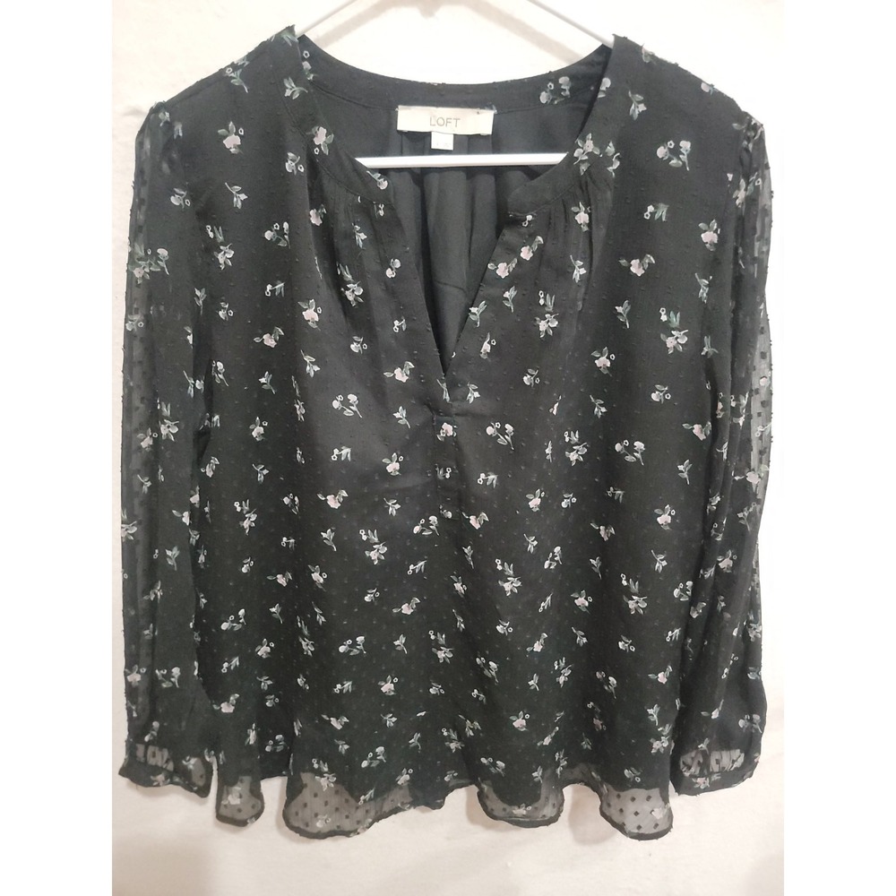 LOFT Swiss Dot Floral Blouse‎ Large Black Pink Split Neck Chiffon Sheer Sleeve L